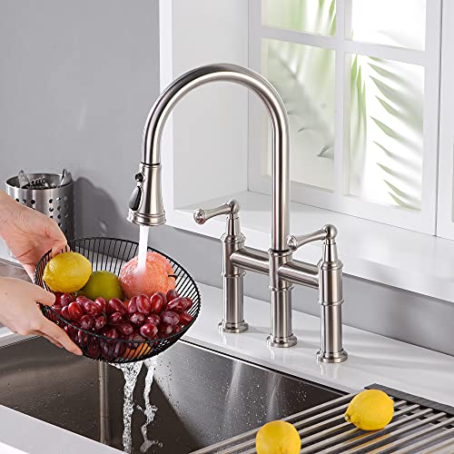 ARRISEA Heritage Bridge Kitchen Faucet with Pull-Down Sprayhead 2 Handle 8 Inch Faucet for Kitchen Sinks 3 Hole Install Kitchen Sink Faucet Fingerprint Resistant Spot Free Brushed Nickel