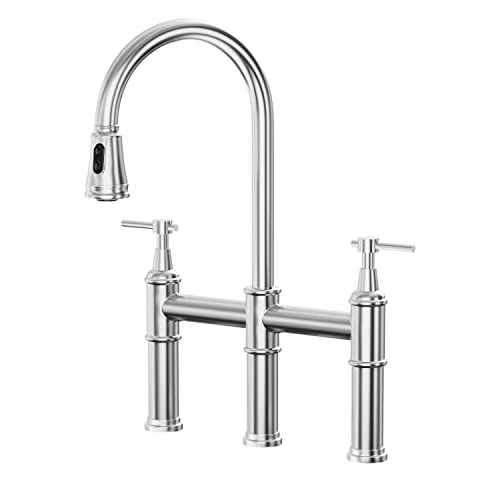 Blemoacha Bridge Kitchen Faucets with Sprayer 3 Holes Modern Kitchen Sink Faucet with Pull Down Sprayer Stainless Steel,2 Handle Swivel Spout Solid Faucet (Chrome)