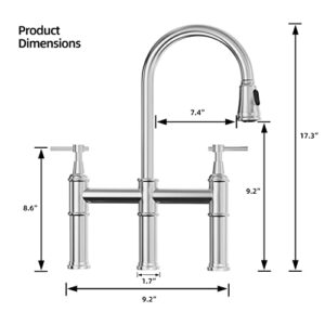 Blemoacha Bridge Kitchen Faucets with Sprayer 3 Holes Modern Kitchen Sink Faucet with Pull Down Sprayer Stainless Steel,2 Handle Swivel Spout Solid Faucet (Chrome)