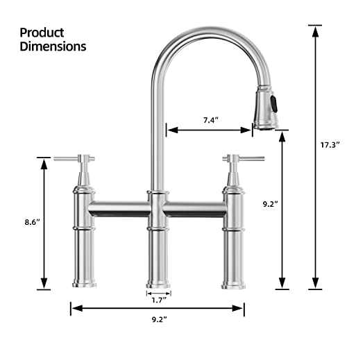 Blemoacha Bridge Kitchen Faucets with Sprayer 3 Holes Modern Kitchen Sink Faucet with Pull Down Sprayer Stainless Steel,2 Handle Swivel Spout Solid Faucet (Chrome)