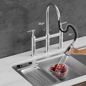 Blemoacha Bridge Kitchen Faucets with Sprayer 3 Holes Modern Kitchen Sink Faucet with Pull Down Sprayer Stainless Steel,2 Handle Swivel Spout Solid Faucet (Chrome)