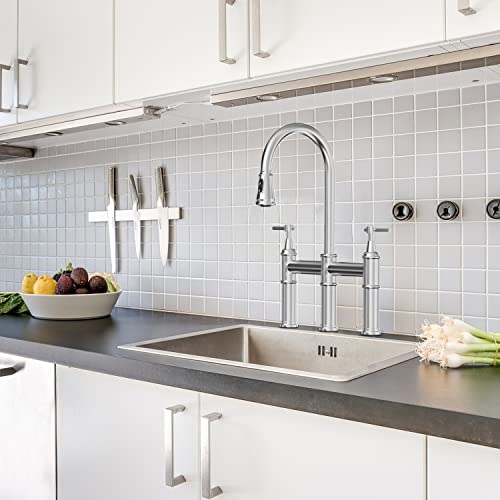 Blemoacha Bridge Kitchen Faucets with Sprayer 3 Holes Modern Kitchen Sink Faucet with Pull Down Sprayer Stainless Steel,2 Handle Swivel Spout Solid Faucet (Chrome)