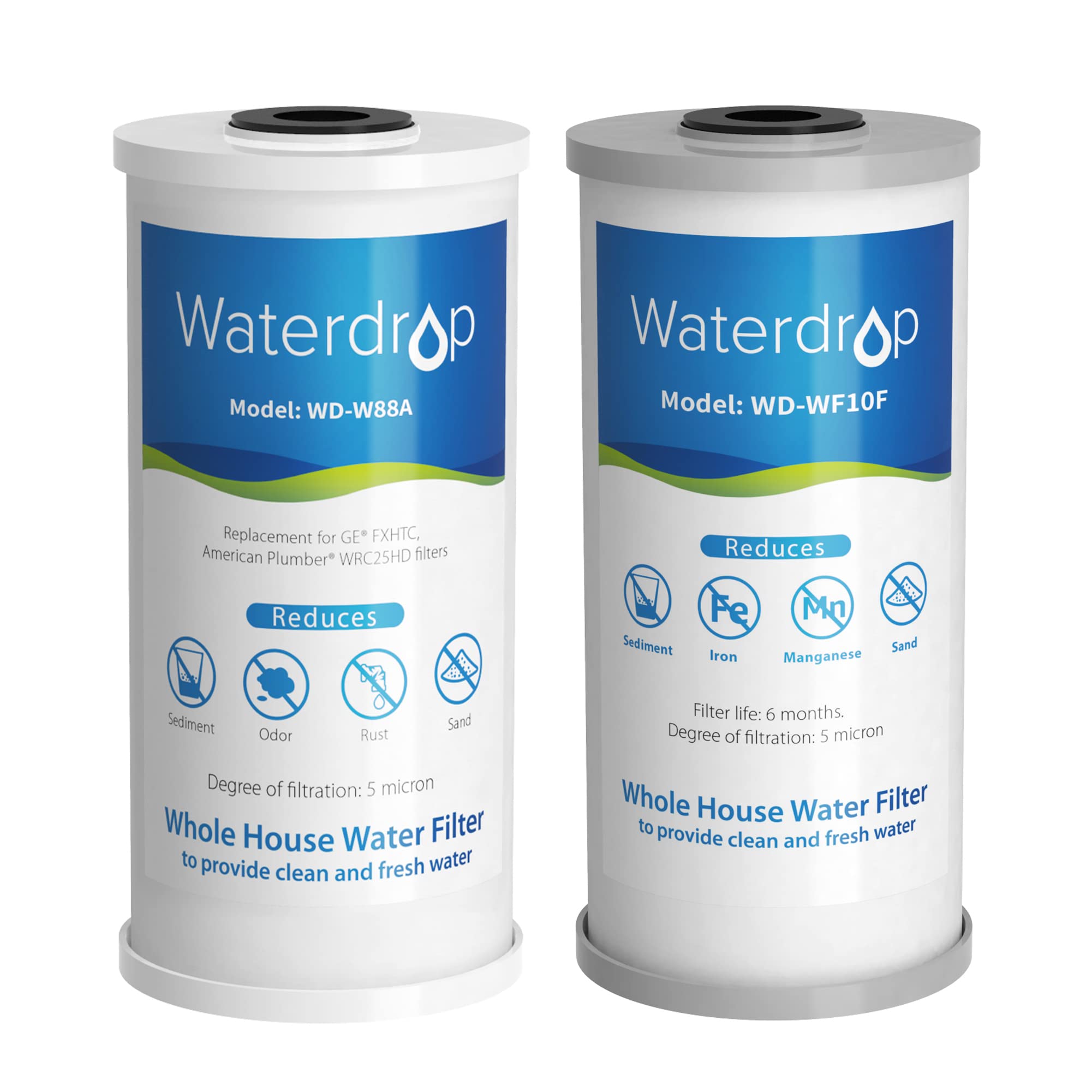 Waterdrop Whole House Water Filter, Carbon Filter, Reduce Iron & Manganese Filter Cartridge, Replacement for GE GXWH40L, FXHTC, Ispring, Culligan® RFC-BBSA, Whirlpool®, Any 10" x 4.5" System, 5 Micron