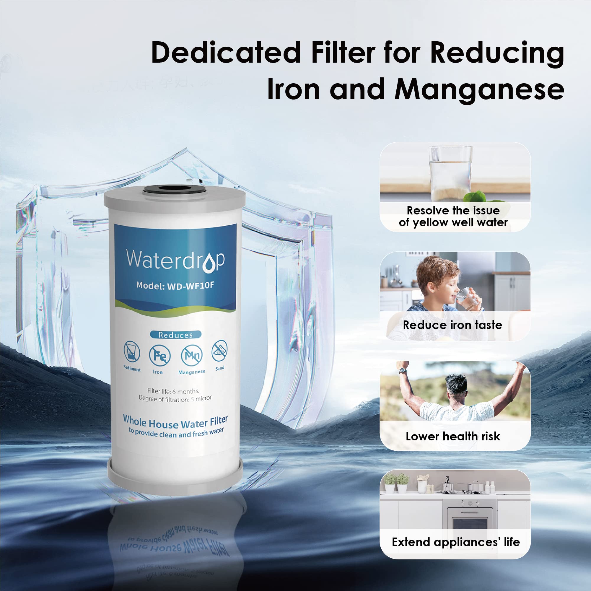 Waterdrop Whole House Water Filter, Carbon Filter, Reduce Iron & Manganese Filter Cartridge, Replacement for GE GXWH40L, FXHTC, Ispring, Culligan® RFC-BBSA, Whirlpool®, Any 10" x 4.5" System, 5 Micron