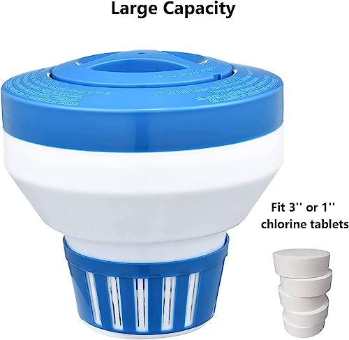 Floating Chlorine Dispenser, Pool Spa Chlorine/Bromine Floater,7" Large Capacity Floating Chlorinator & Bromine Holder Fits 3 Inch Chemical Tablets（Collapsible）