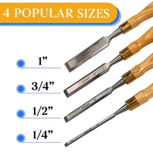 Schaaf Tools 4-Piece Wood Chisel Set | Finely Crafted Wood Chisels for Woodworking | Durable Cr-V Steel Bevel Edged Blade, Tempered to 60HRc | Tool Roll Included