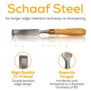 Schaaf Tools 4-Piece Wood Chisel Set | Finely Crafted Wood Chisels for Woodworking | Durable Cr-V Steel Bevel Edged Blade, Tempered to 60HRc | Tool Roll Included