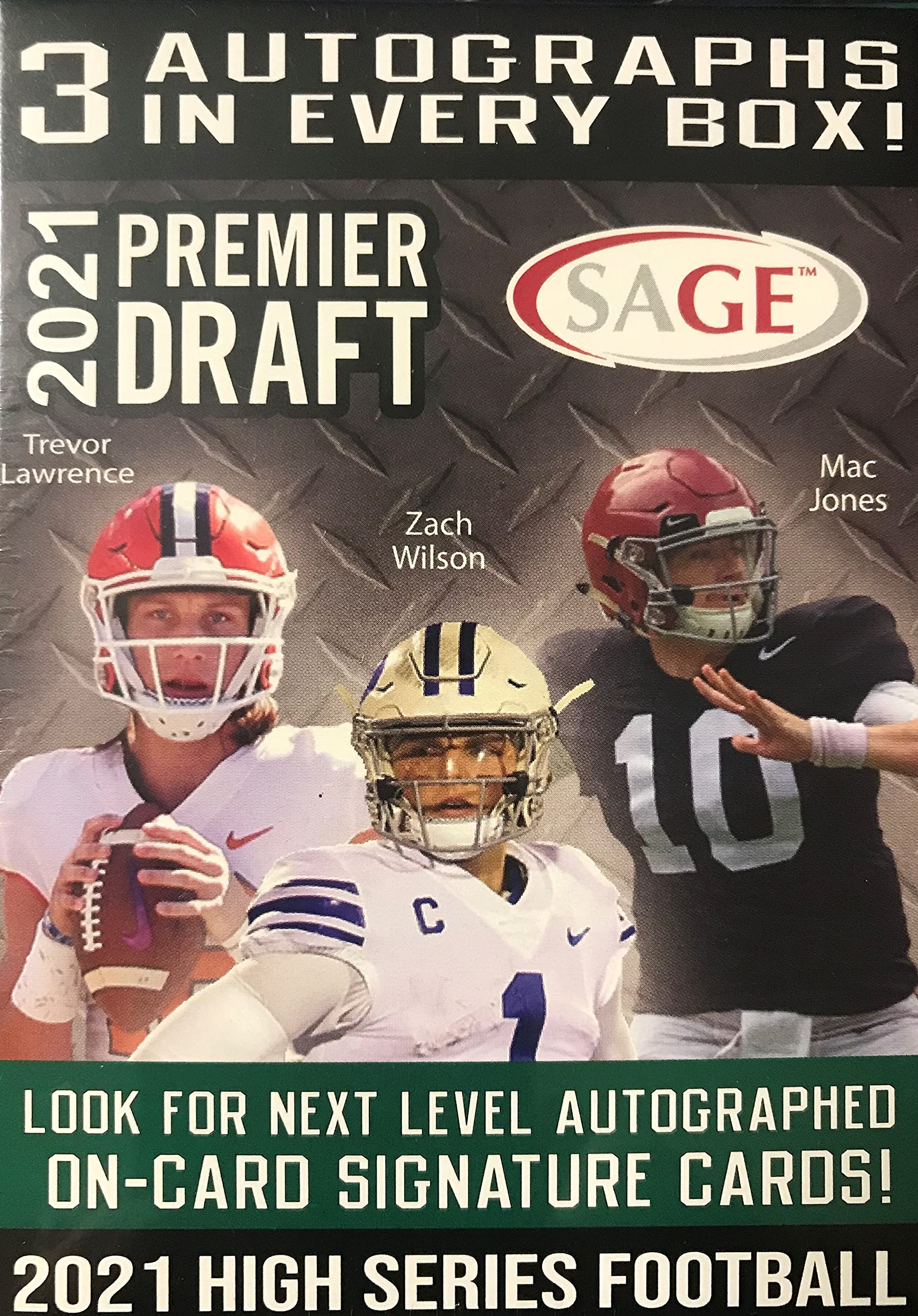 2021 SAGE Hit Premier Draft High Series Football BLASTER box (63 cards/bx incl. THREE Autograph cards)