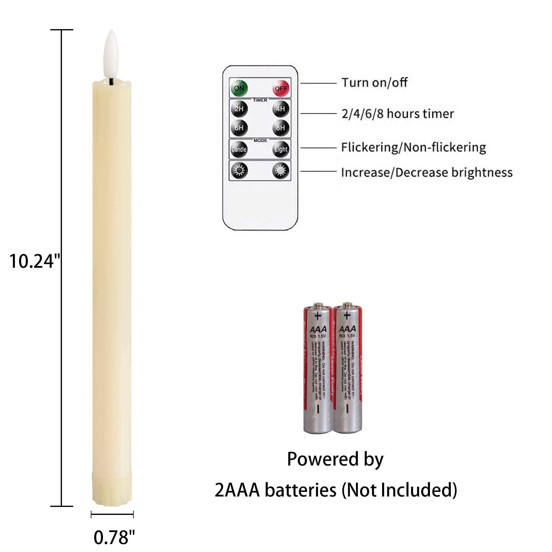 Vtobay Flameless Taper Candles with Remote Timer,Set of 2 Ivory Flickering LED Candlesticks,Battery Operated Window Plastic Warm Fire Candles for Indoor Outdoor Decor,(No Scent, 0.78” x 10.24”)