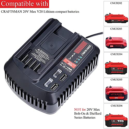 CMCB104 V20 Battery Fast Charger Replacement for Craftsman V20 Craftsman 20V max Lithium Compact Batteries Lithium Battery CMCB202 CMCB204 CMCB206 with 2 USB Ports