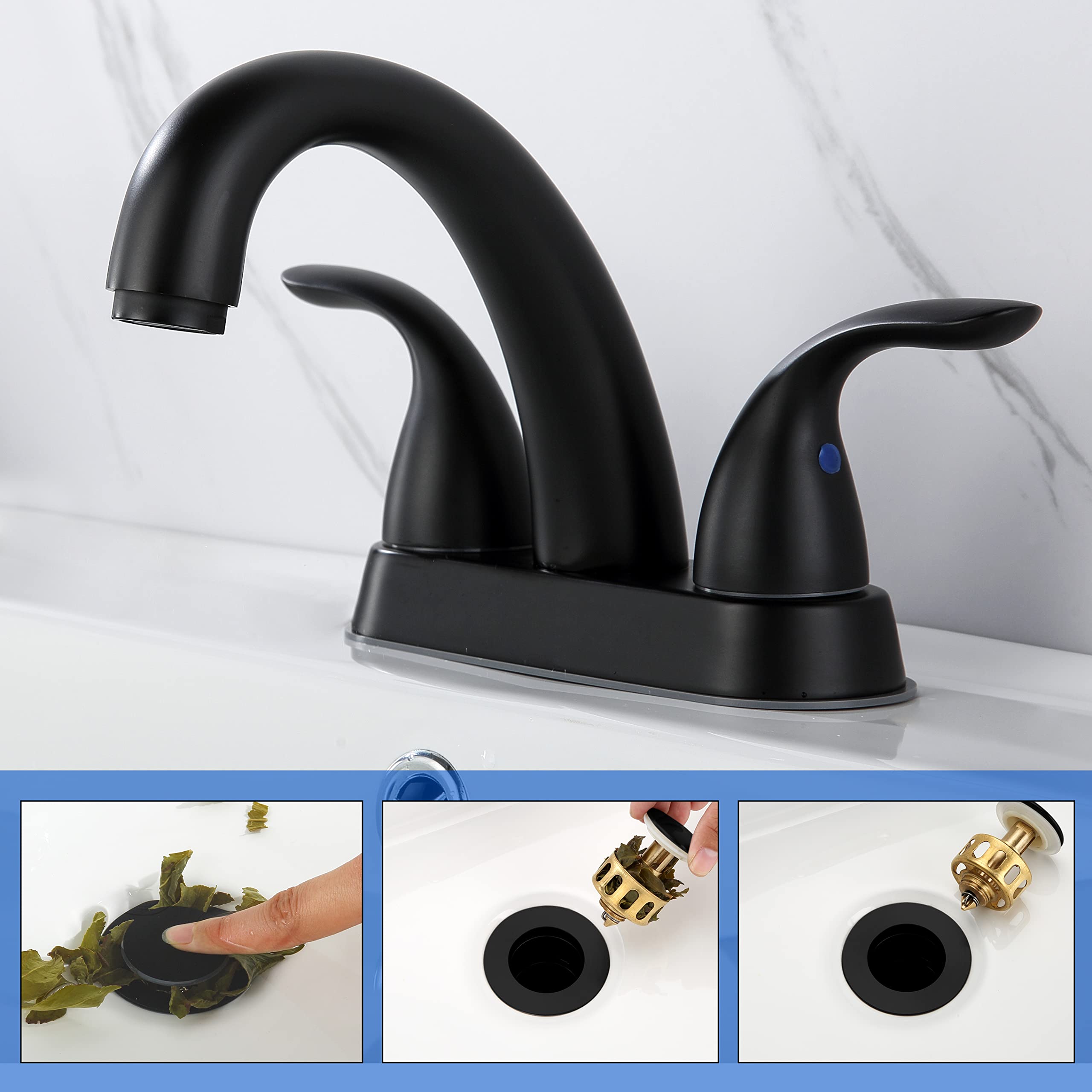 2 Handle Bathroom Sink Faucet, with Pop up Drain & Supply Lines, 4 Inch Centerset Faucet for Lavatory Bathroom Sink, Professional Modern Vessel Deck Mount Vanity rv Faucet, Matte Black