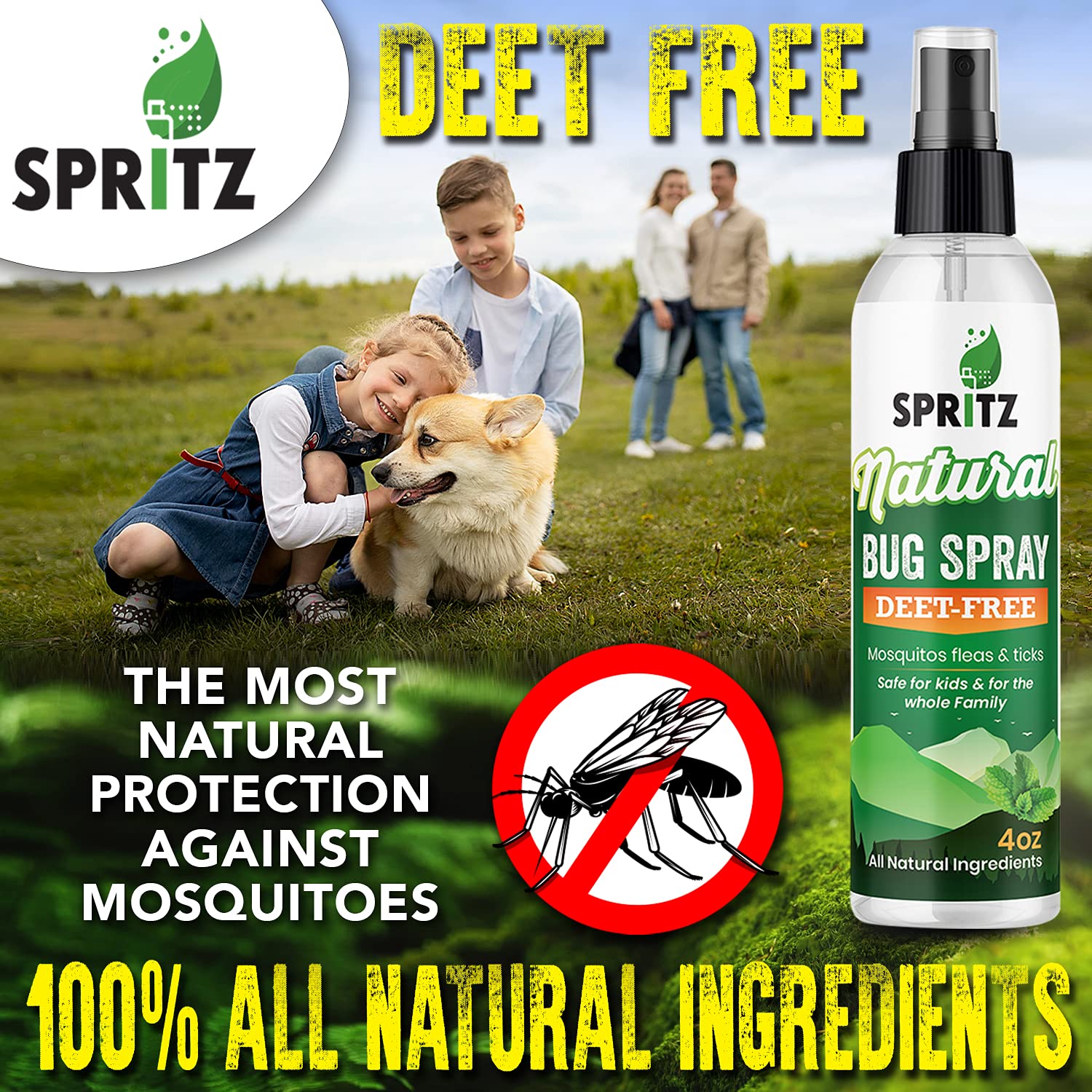 Spritz All Natural Bug & Mosquito Repellent Spray - Safe for Adults, Kids, Pets, & Environment - Works On All Insects - Made in USA - DEET Free 2 x 4oz