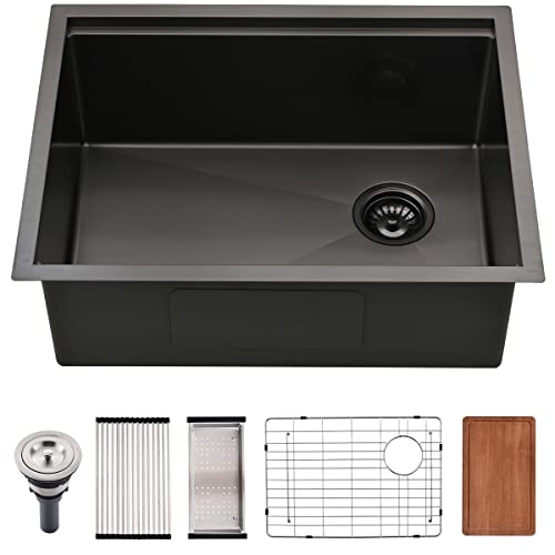 25 Inch Undermount Kitchen Sink Workstation, Jshozzy 25x19 Handmade Black 304 Stainless Steel Undermount Kitchen Sink with Offset Drain Deep Single Bowl Bar Prep Sink Basin