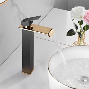 Bathroom Vessel Faucet Black Gold Waterfall One Hole Bowl Sink Faucet Bathroom Faucets Tall Single Handle Bath Vanity Lavatory Deck Mount Supply Lines Hose Commercial