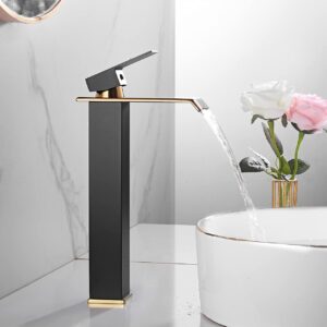 Bathroom Vessel Faucet Black Gold Waterfall One Hole Bowl Sink Faucet Bathroom Faucets Tall Single Handle Bath Vanity Lavatory Deck Mount Supply Lines Hose Commercial