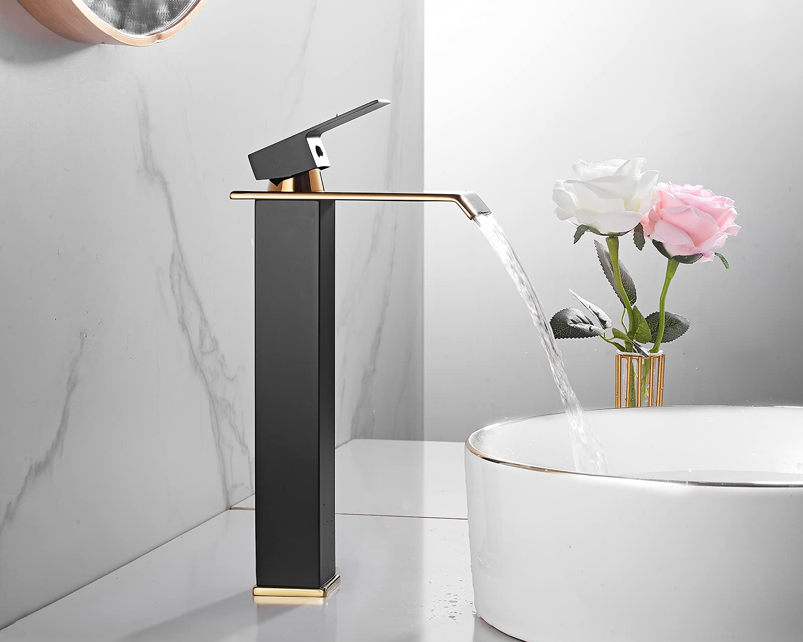 Bathroom Vessel Faucet Black Gold Waterfall One Hole Bowl Sink Faucet Bathroom Faucets Tall Single Handle Bath Vanity Lavatory Deck Mount Supply Lines Hose Commercial