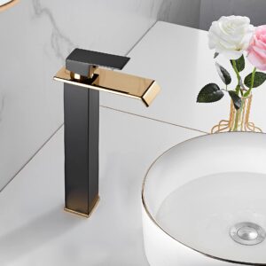 Bathroom Vessel Faucet Black Gold Waterfall One Hole Bowl Sink Faucet Bathroom Faucets Tall Single Handle Bath Vanity Lavatory Deck Mount Supply Lines Hose Commercial