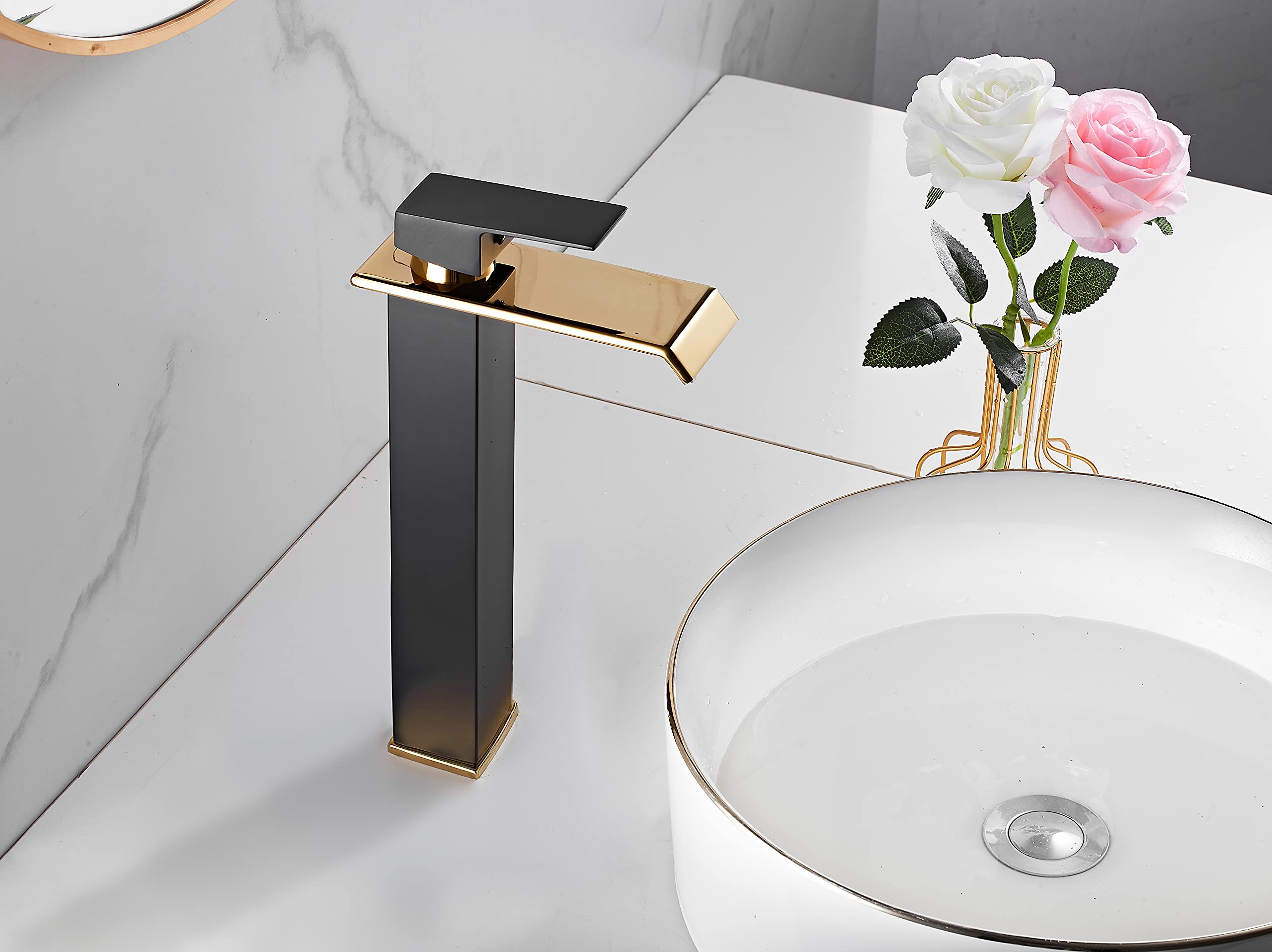 Bathroom Vessel Faucet Black Gold Waterfall One Hole Bowl Sink Faucet Bathroom Faucets Tall Single Handle Bath Vanity Lavatory Deck Mount Supply Lines Hose Commercial