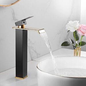 Bathroom Vessel Faucet Black Gold Waterfall One Hole Bowl Sink Faucet Bathroom Faucets Tall Single Handle Bath Vanity Lavatory Deck Mount Supply Lines Hose Commercial