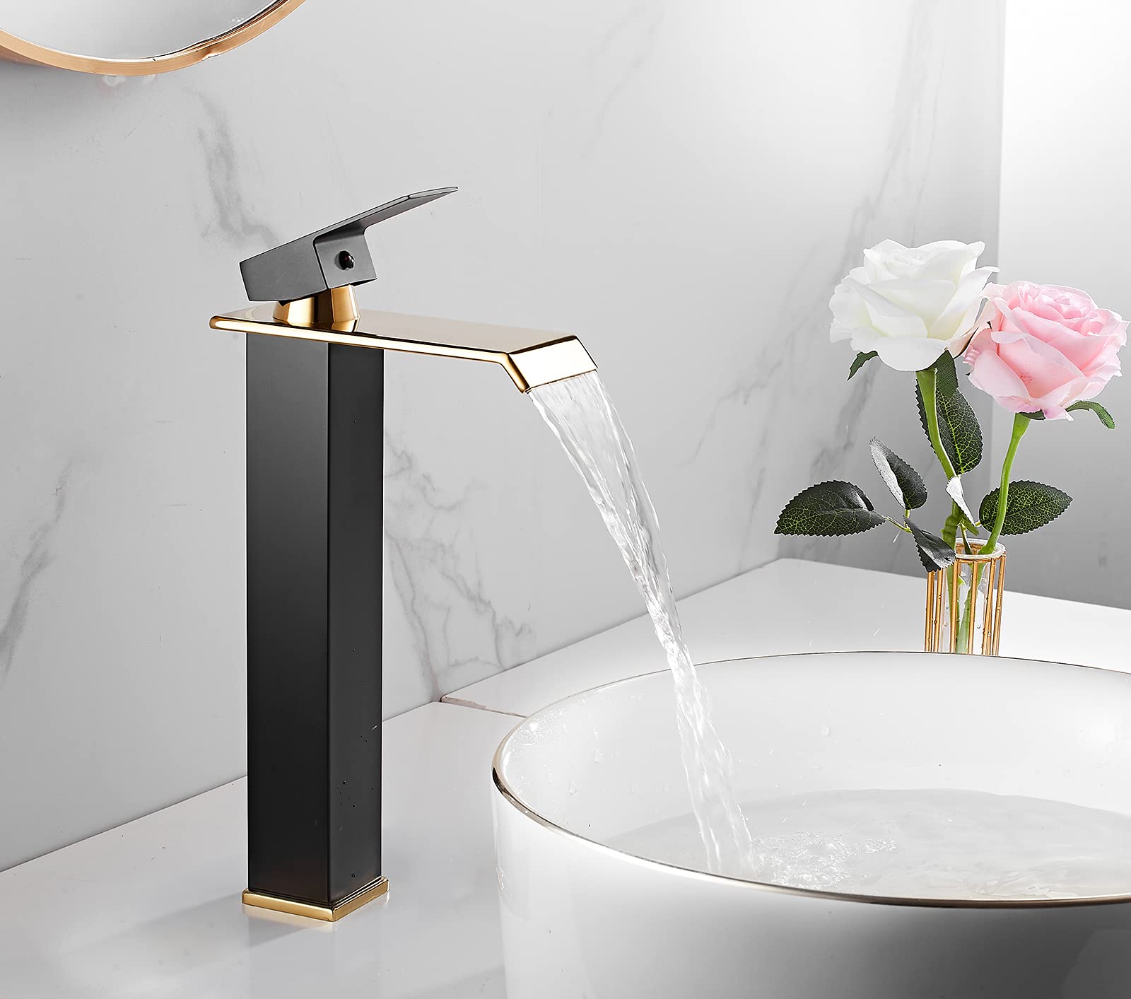 Bathroom Vessel Faucet Black Gold Waterfall One Hole Bowl Sink Faucet Bathroom Faucets Tall Single Handle Bath Vanity Lavatory Deck Mount Supply Lines Hose Commercial