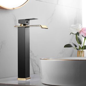 Bathroom Vessel Faucet Black Gold Waterfall One Hole Bowl Sink Faucet Bathroom Faucets Tall Single Handle Bath Vanity Lavatory Deck Mount Supply Lines Hose Commercial