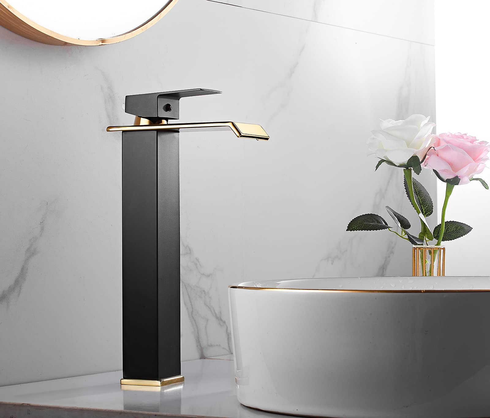 Bathroom Vessel Faucet Black Gold Waterfall One Hole Bowl Sink Faucet Bathroom Faucets Tall Single Handle Bath Vanity Lavatory Deck Mount Supply Lines Hose Commercial