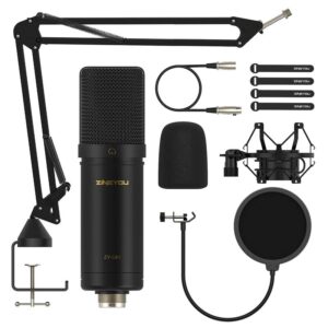 zingyou xlr condenser microphone, cardioid studio recording mic kit with boom arm, shock mount, pop filter, windscreen and cable ties for podcast, voice over, vocal, streaming, youtube, ca1 (black)