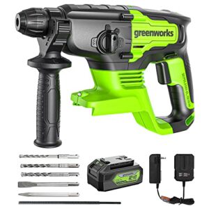 greenworks 24v lithium-ion brushless sds 2j heavy duty rotary hammer drill, 1-inch cordless hammer drill for concrete, 4-mode variable speed, 4ah (usb) battery & charger included