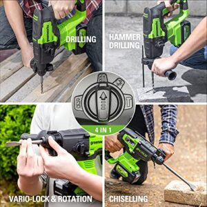 Greenworks 24V Lithium-ion Brushless SDS 2J Heavy Duty Rotary Hammer Drill, 1-Inch Cordless Hammer Drill for Concrete, 4-Mode Variable Speed, 4AH (USB) Battery & Charger Included