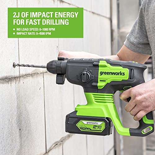 Greenworks 24V Lithium-ion Brushless SDS 2J Heavy Duty Rotary Hammer Drill, 1-Inch Cordless Hammer Drill for Concrete, 4-Mode Variable Speed, 4AH (USB) Battery & Charger Included