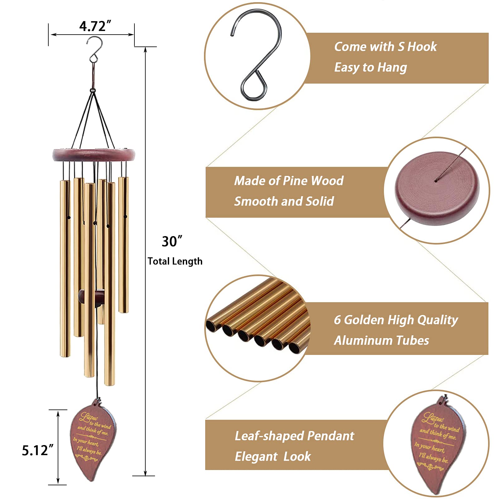 Soopau Wind Chimes for Outside, 30" Wooden Sympathy Wind Chimes Memorial Wind Chime for Loss of Loved One Mother Father, Sympathy Gift Home Decor Outdoor Garden Patio