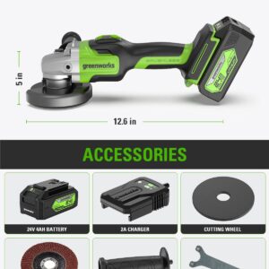 Greenworks 24V Angle Grinder Brushless Cordless, 4-1/2-Inch, with 4AH Battery and 2A Charger