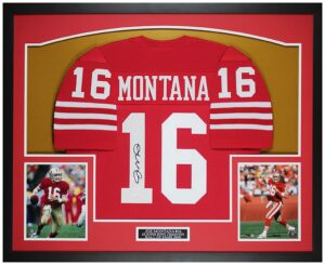 joe montana autographed red san francisco jersey - beautifully matted and framed - hand signed by montana and certified authentic by jsa - includes certificate of authenticity