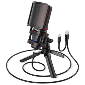 vegue usb microphone for pc ps5, computer gaming condenser pc mic with quick mute, indicator, tripod stand, pop filter, shock mount, for twitch streaming, podcasting, chatting, recording, red vm30