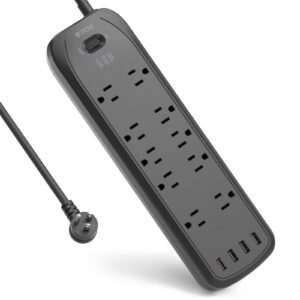 high joules power strip surge protector (2x4000j), trond 6 ft extension cord black safe power strip with dual surge protection 10 outlets 4 usb charger, flat plug power strip for christmas lights