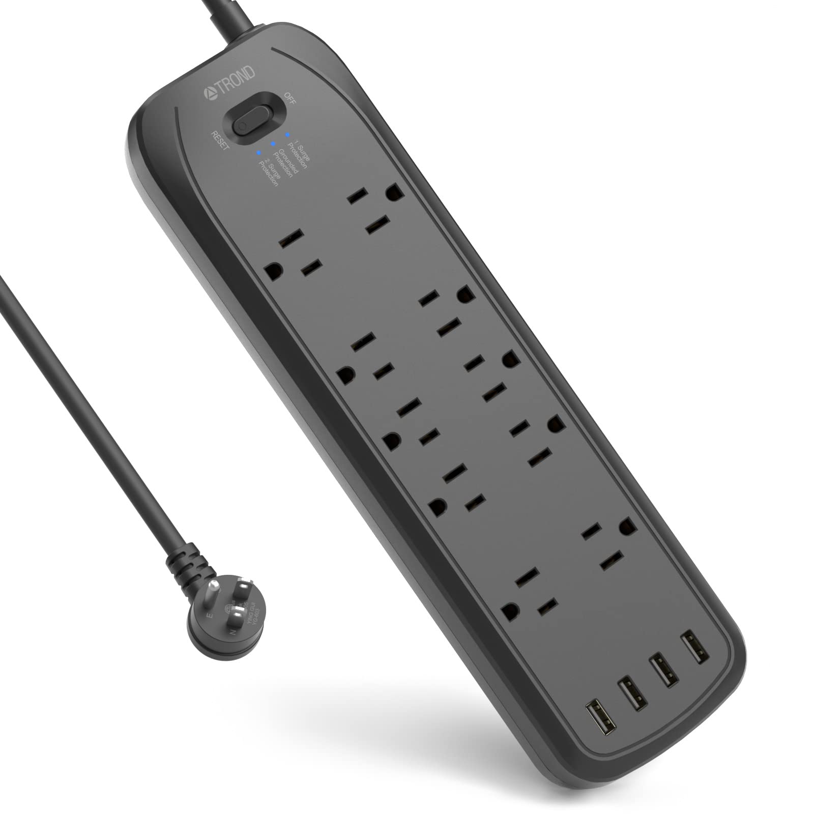 High Joules Power Strip Surge Protector (2x4000J), TROND 6 ft Extension Cord Black Safe Power Strip with Dual Surge Protection 10 Outlets 4 USB Charger, Flat Plug Power Strip for Christmas Lights