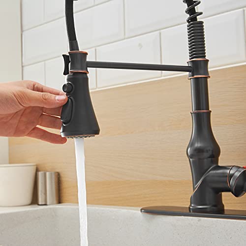 BATHLAVISH Oil Rubbed Bronze Kitchen Faucet Pull Down 3 Outlet Mode Sprayer Bar Sink Farmhouse Commercial Single Hole Single Handle Mixer Tap with 10-Inch Hole Cover Plate Solid Brass Lead-Free