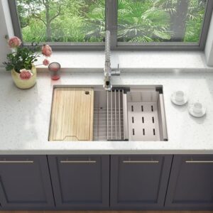sinber 30" x 19" x 10" undermount single bowl workstation kitchen sink with 16 gauge 304 stainless steel satin finish 6 accessories kss0002s-oj