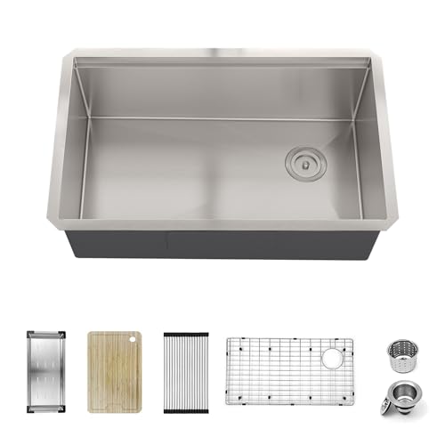 Sinber 30" x 19" x 10" Undermount Single Bowl Workstation Kitchen Sink with 16 Gauge 304 Stainless Steel Satin Finish 6 Accessories KSS0002S-OJ