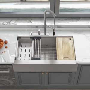 sinber 36" x 20" x 10" farmhouse apron single bowl workstation kitchen sink with 16 gauge 304 stainless steel satin finish 6 accessories kss0006s-oj