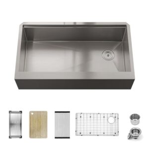 Sinber 36" x 20" x 10" Farmhouse Apron Single Bowl Workstation Kitchen Sink with 16 Gauge 304 Stainless Steel Satin Finish 6 Accessories KSS0006S-OJ