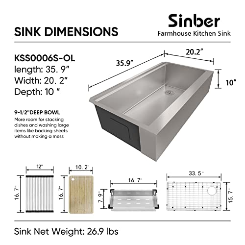 Sinber 36" x 20" x 10" Farmhouse Apron Single Bowl Workstation Kitchen Sink with 16 Gauge 304 Stainless Steel Satin Finish 6 Accessories KSS0006S-OJ