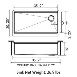 Sinber 36" x 20" x 10" Farmhouse Apron Single Bowl Workstation Kitchen Sink with 16 Gauge 304 Stainless Steel Satin Finish 6 Accessories KSS0006S-OJ
