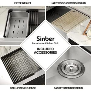 Sinber 36" x 20" x 10" Farmhouse Apron Single Bowl Workstation Kitchen Sink with 16 Gauge 304 Stainless Steel Satin Finish 6 Accessories KSS0006S-OJ