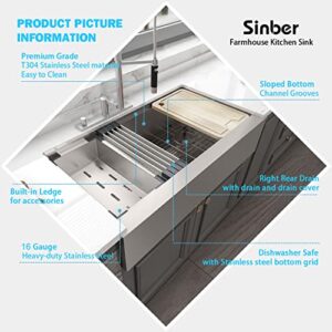 Sinber 36" x 20" x 10" Farmhouse Apron Single Bowl Workstation Kitchen Sink with 16 Gauge 304 Stainless Steel Satin Finish 6 Accessories KSS0006S-OJ