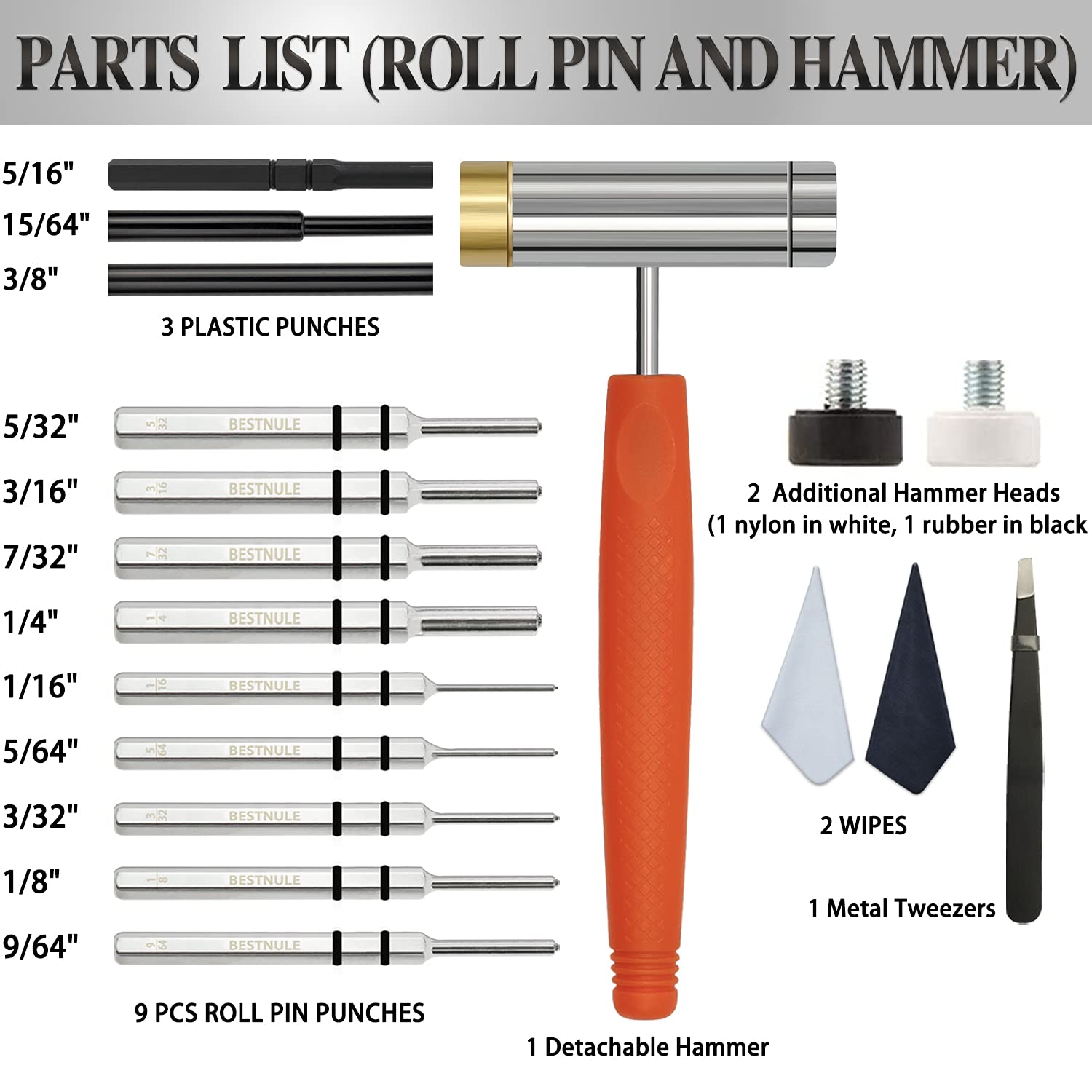 BESTNULE Punch Set, Punch Tools, Roll Pin Punch Set, Made of Solid Material Including Steel Punches and Hammer, Ideal for Maintenance (Without Bench Block)