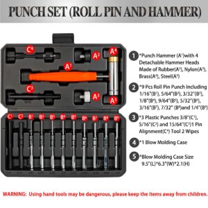 BESTNULE Punch Set, Punch Tools, Roll Pin Punch Set, Made of Solid Material Including Steel Punches and Hammer, Ideal for Maintenance (Without Bench Block)