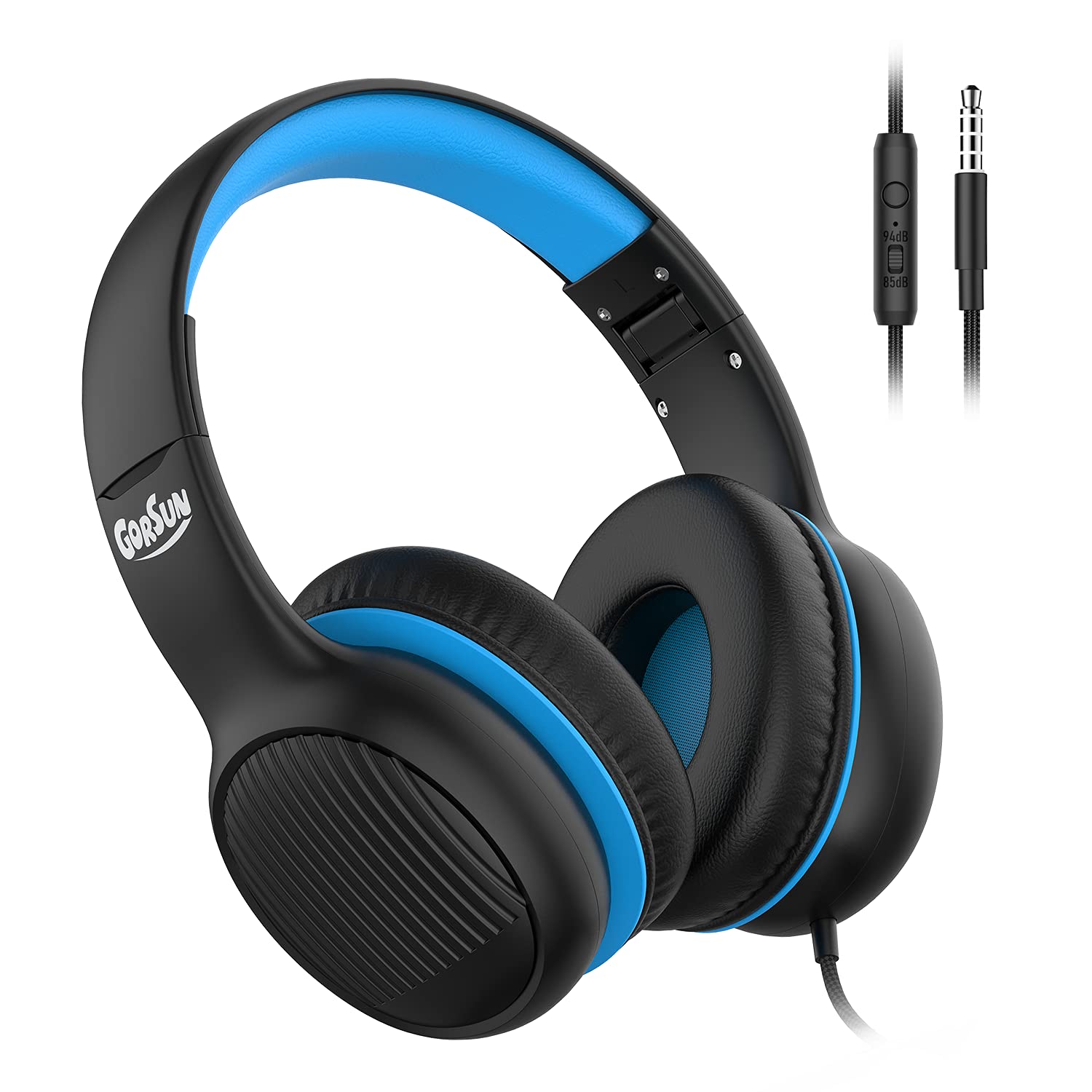 gorsun Premium A66 Kids Headphones with 85dB/94dB Volume Limited, in-line HD Mic, Audio Sharing, Foldable Toddler Headphones, Adjustable, Children Headphones Over-Ear for School Travel, Blue Black