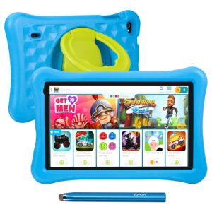 awow kids tablet, 10" tablet pc for kids, ips hd display 1280x800, kidoz pre-installed, parent control, 2gb ram 32gb storage, bluetooth, wi-fi, dual cameras, kid-proof case, stylus, color blue