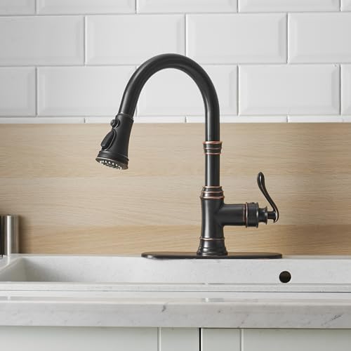 BATHLAVISH Bronze Kitchen Sink Faucet Oil Rubbed with Pull Down Sprayer Commercial Farmhouse Single Hole Single Handle with Hole Cover Plate Solid Brass Lead-Free